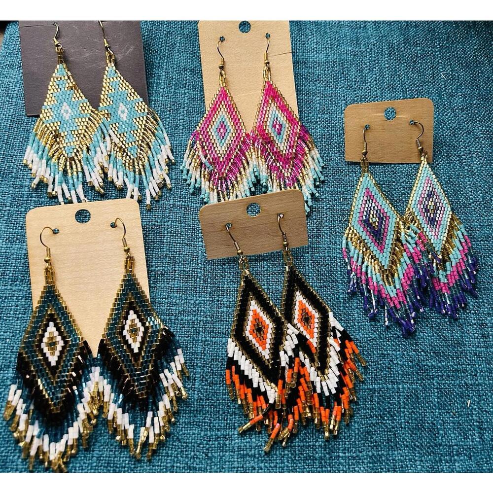 Handmade Beaded Earrings Multi-Colored Seed Beads Gorgeous Colors!!!!! 5 Pairs